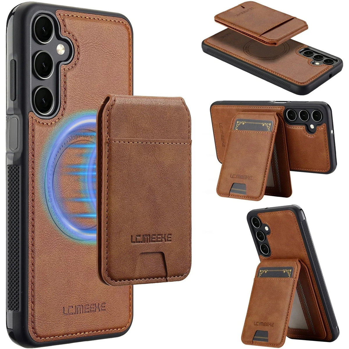 Brown magnetic leather case showing the MagSafe ring and detachable card holder