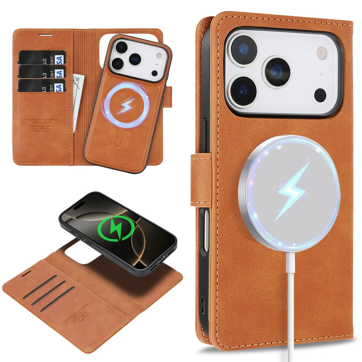 PureGuardCases 2-in-1 Magnetic Leather Wallet iPhone Case – MagSafe Card Holder Cover