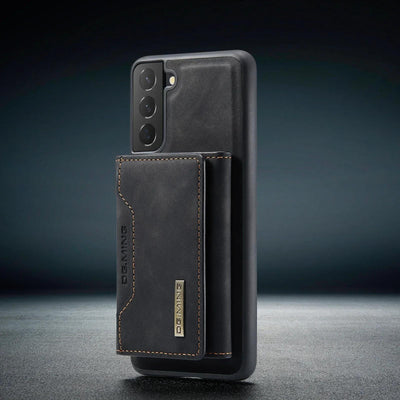 Black 2-in-1 detachable magnetic leather flip wallet case for Samsung Galaxy S25, Note 20 Ultra and A series, open and closed views