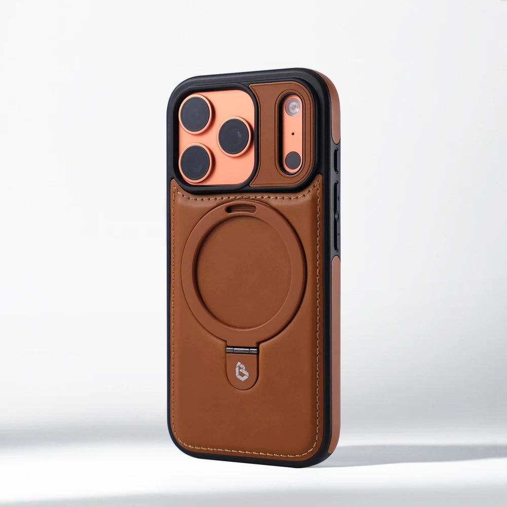 Brown 360-degree magnetic ring stand PU leather shockproof case for iPhone 18, 17, Air, 16, 15, 14, 13 and 12 series