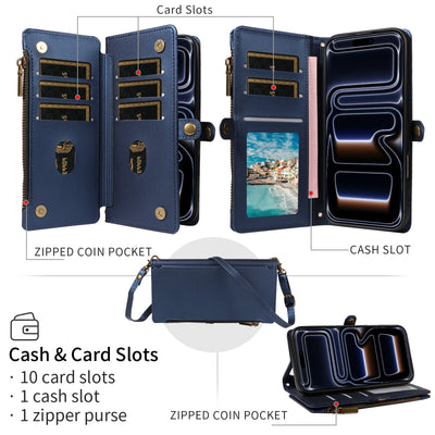 Multi-angle view showing interior card slots, zipper coin pocket, kickstand and crossbody strap for iPhone