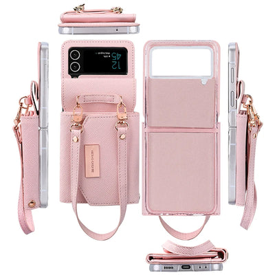 PureGuardCases Leather Wallet Case with Hand Strap for Samsung Galaxy Z Flip