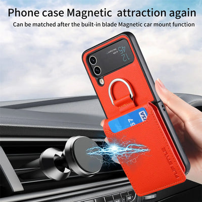 Magnetic Ring Holder Leather Card Slot Wallet Case for Samsung Galaxy Z Flip 7, 7 FE, 6, 5, 4 & 3 - image 3