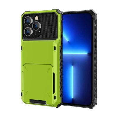 Green heavy-duty dual-layer slide card holder armor case for iPhone 18, 17, 17e, Air, 16e and 16-11 series