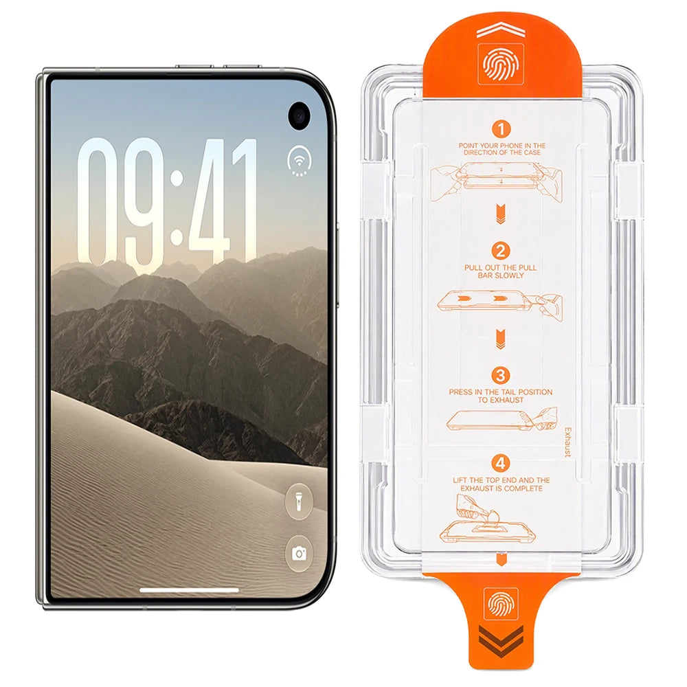 iPhone Duo next to a tempered glass screen protector in its orange easy install frame