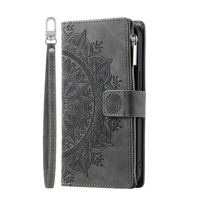 Black mandala embossed zipper leather wallet case with wrist strap for iPhone