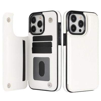 White retro double-clasp leather flip card holder wallet stand case for iPhone 18 to 11 showing open card slots and back
