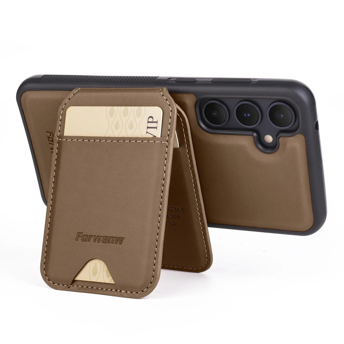 Brown 2-in-1 detachable MagSafe magnetic card holder leather case for Samsung Galaxy S26 series showing open stand