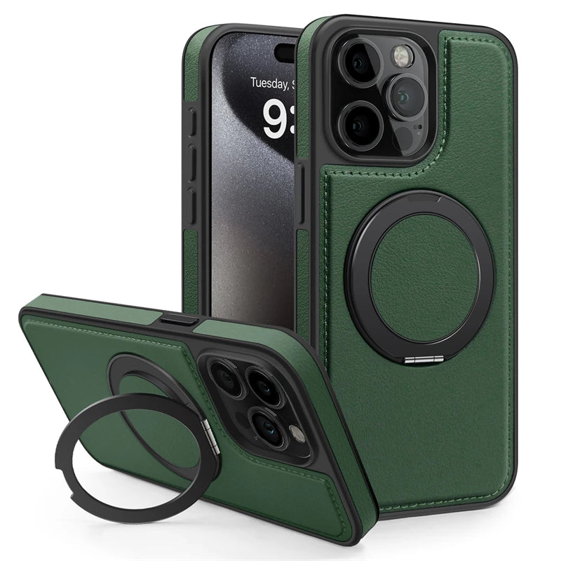 PureGuardCases 360° Rotating Ring Leather iPhone Case – MagSafe Magnetic Stand Cover