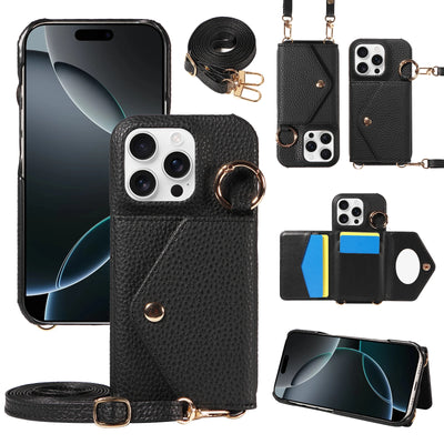 PureGuardCases PU Leather Crossbody Wallet iPhone Case – Mirror Card Holder Protective Cover