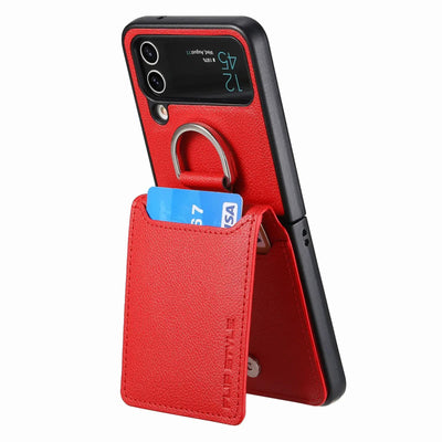 Red magnetic ring holder leather card slot wallet case for Samsung Galaxy Z Flip 7, 7 FE, 6, 5, 4 and 3 showing card slot, ring stand and folded views