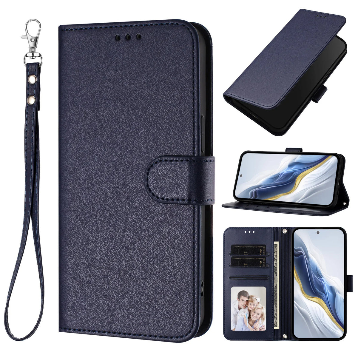 Lanyard Flip Wallet Case iPhone 11-18, Navy Blue