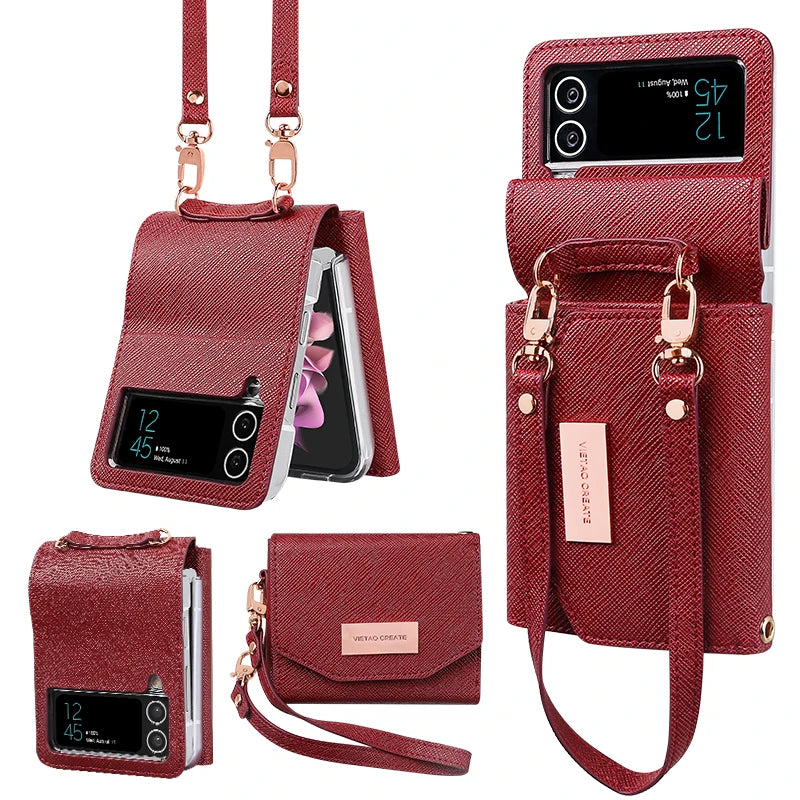 PureGuardCases Leather Wallet Case with Hand Strap for Samsung Galaxy Z Flip