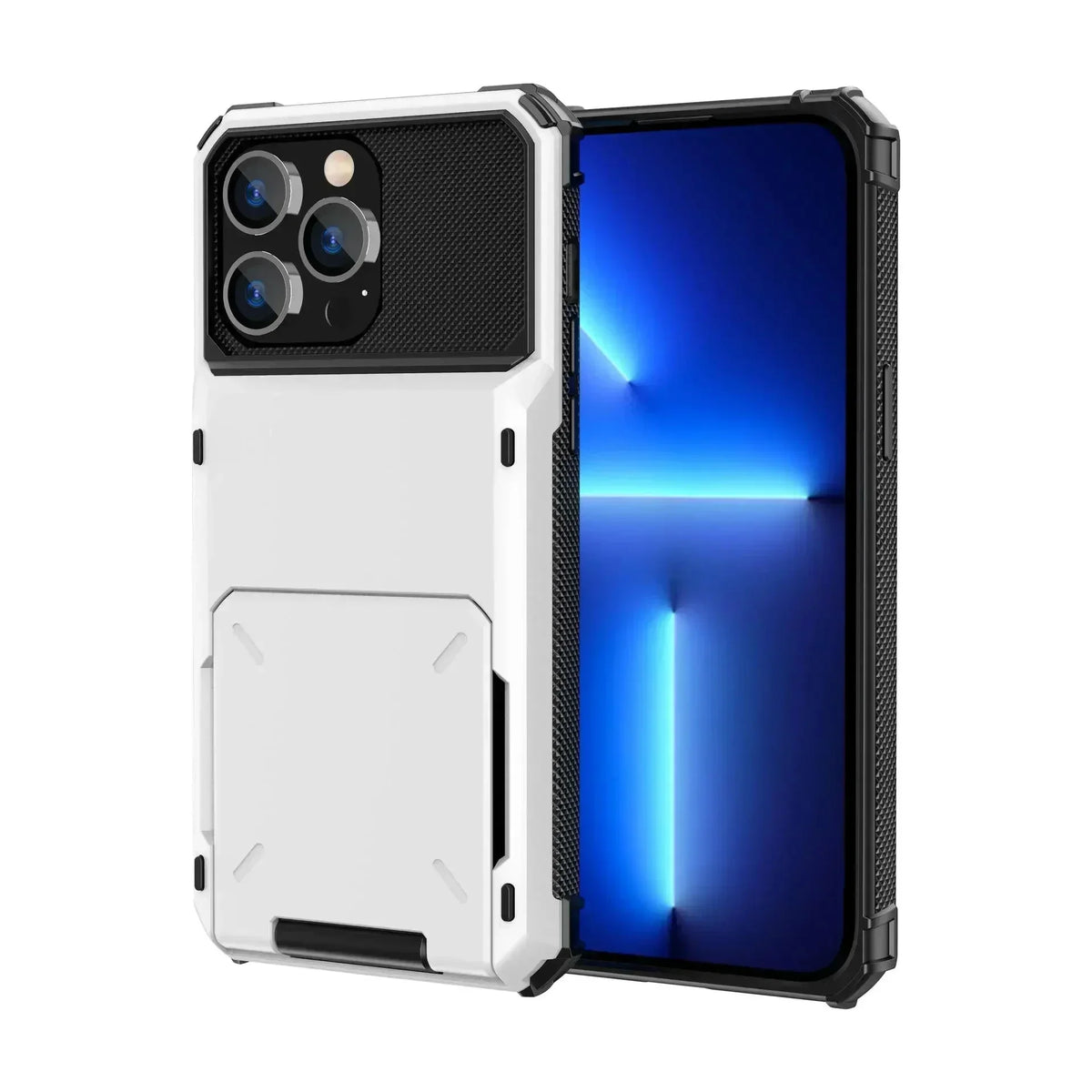 White heavy-duty dual-layer slide card holder armor case for iPhone 18, 17, 17e, Air, 16e and 16-11 series
