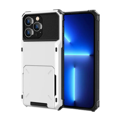 White heavy-duty dual-layer slide card holder armor case for iPhone 18, 17, 17e, Air, 16e and 16-11 series