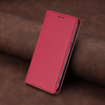 Red stitched PU leather magnetic flip wallet case for Samsung Galaxy S26 and S25 series, angled closed view