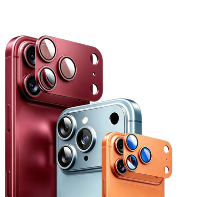 Metal camera lens protectors in wine red, blue and orange on iPhone Pro camera modules