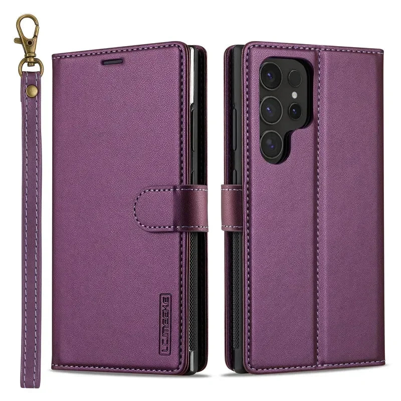 Purple magnetic flip leather wallet case for Samsung Galaxy S26, front and back views
