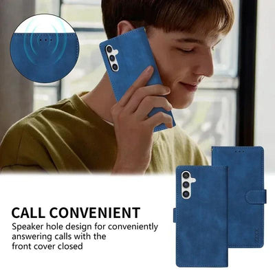 Multi-angle overview of the blue Galaxy Note and S series magnetic wallet case showing card slots, stand and strap