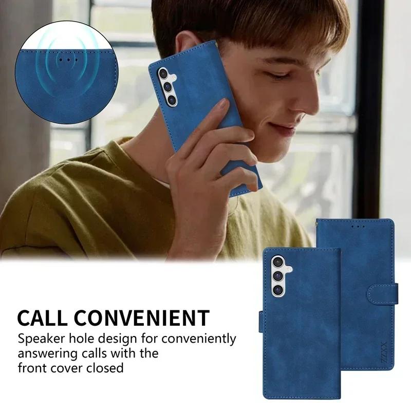 Multi-angle overview of the blue Galaxy Note and S series magnetic wallet case showing card slots, stand and strap