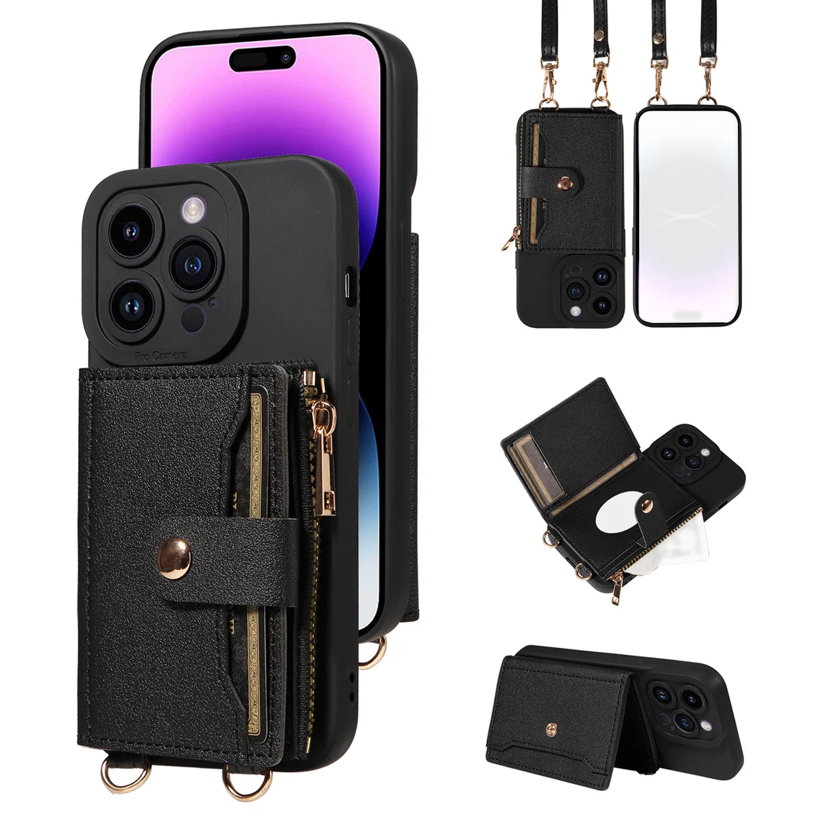 PureGuardCases Faux Leather Crossbody Wallet iPhone Case – Mirror Card Holder Cover