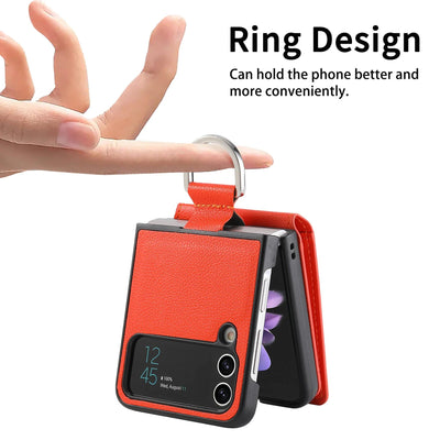 One-handed finger ring grip on the Samsung Galaxy Z Flip leather card slot case