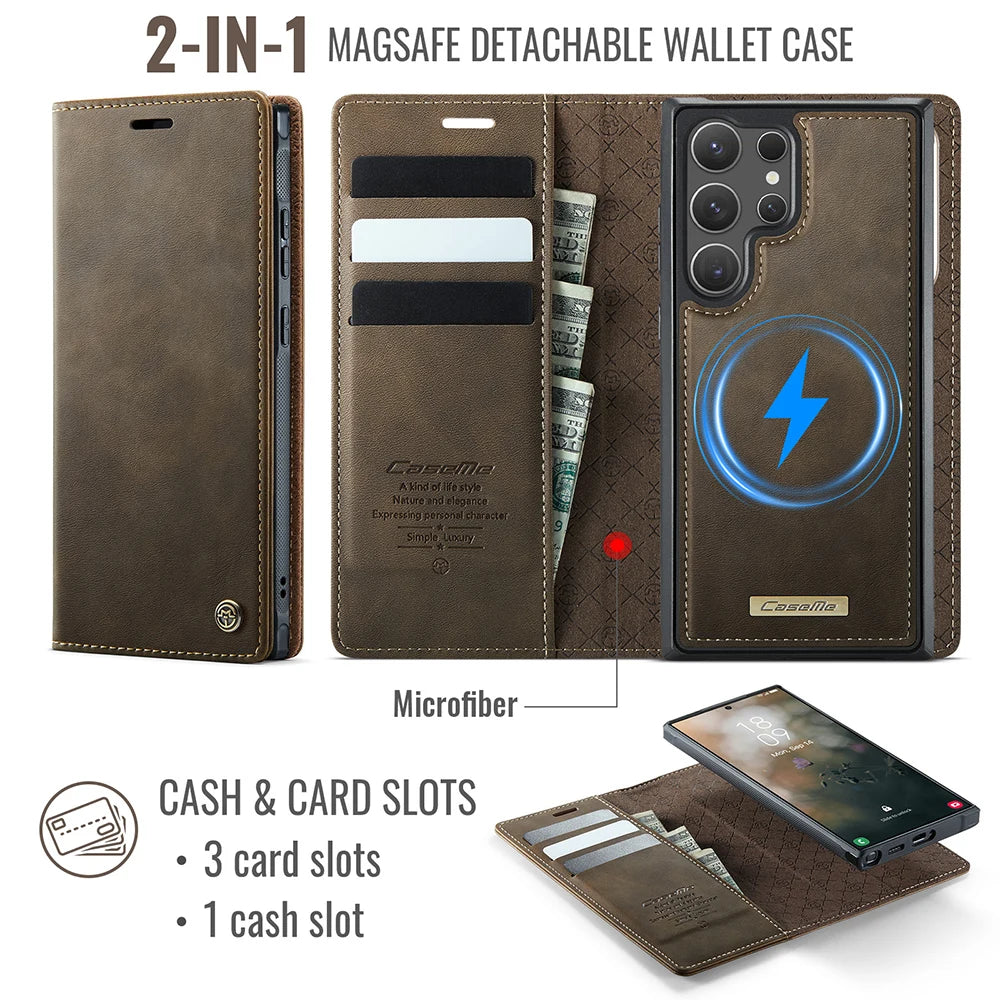 PureGuardCases Detachable Magnetic Wallet Leather Flip Case for Samsung Galaxy S20-S26 - MagSafe Book Cover