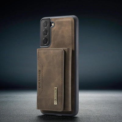Coffee brown 2-in-1 detachable magnetic leather flip wallet case for Samsung Galaxy S25, Note 20 Ultra and A series, open and closed views