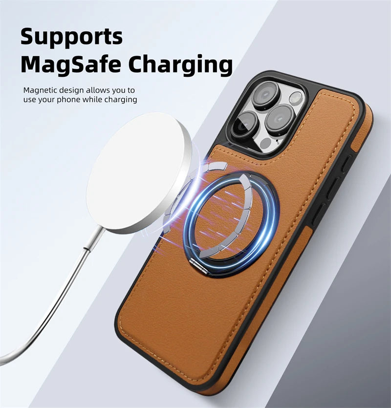PureGuardCases 360° Rotating Ring Leather iPhone Case – MagSafe Magnetic Stand Cover