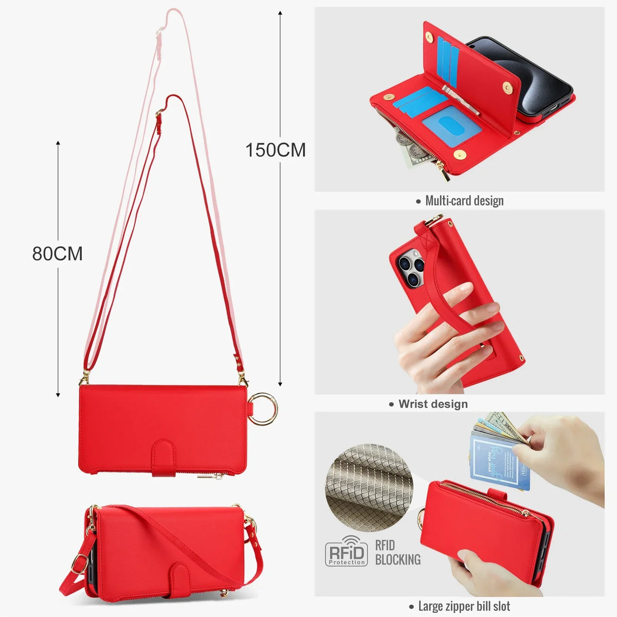 Zippered coin pocket, ring stand and detachable strap hardware details