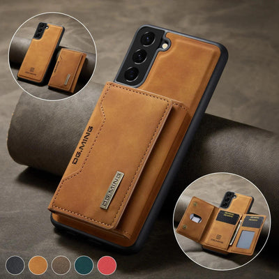 Brown 2-in-1 detachable magnetic leather flip wallet case for Samsung Galaxy S25, Note 20 Ultra and A series, open and closed views