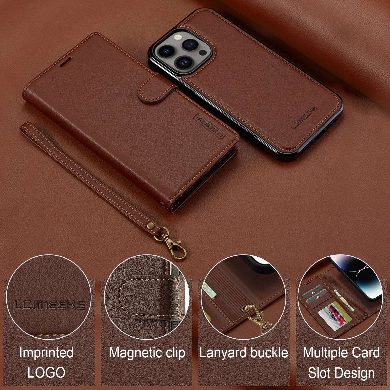 PureGuardCases 2-in-1 Magnetic Detachable Leather Wallet Case for iPhone