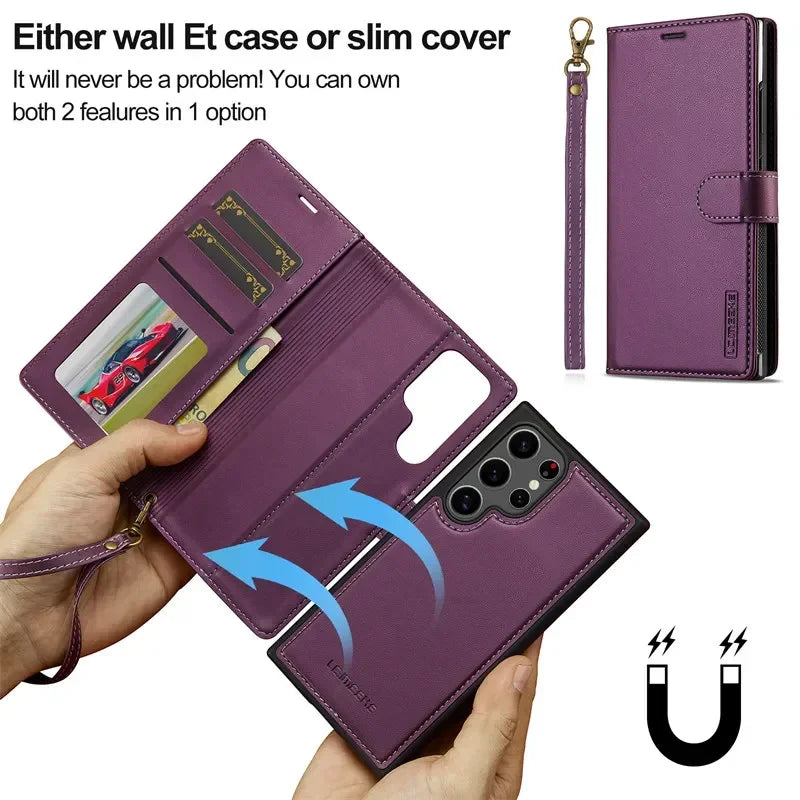 Purple leather flip wallet case open to show card slots and cash pocket