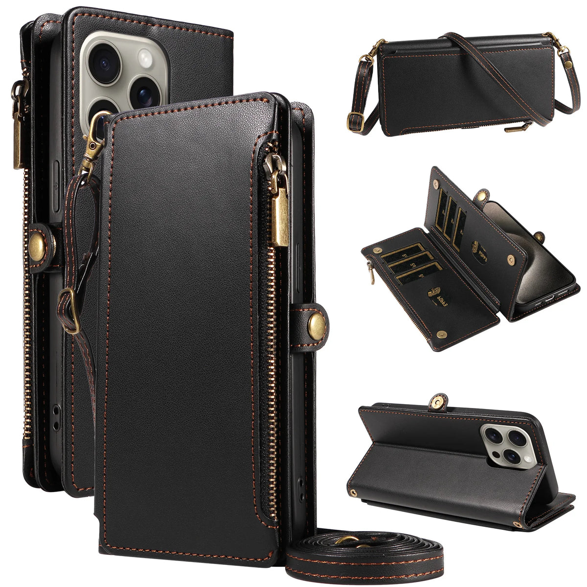 Black crossbody lanyard and wrist strap multi-card zipper leather flip wallet case for iPhone 18 to iPhone 11