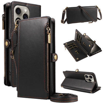 Black crossbody lanyard and wrist strap multi-card zipper leather flip wallet case for iPhone 18 to iPhone 11