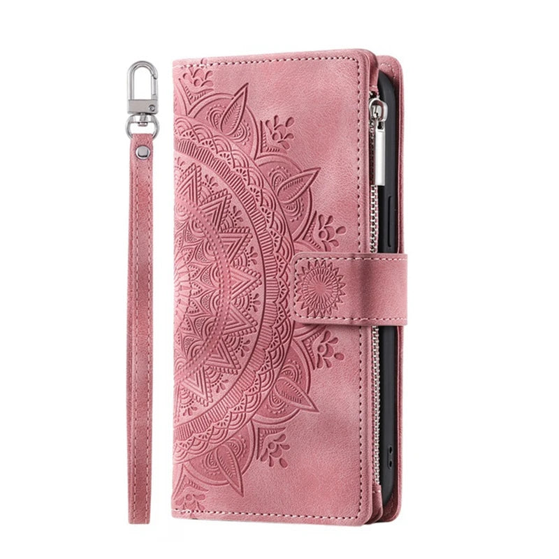 Pink mandala embossed zipper leather wallet case with wrist strap for iPhone