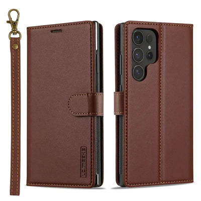 Brown magnetic flip leather wallet case for Samsung Galaxy S26, front and back views