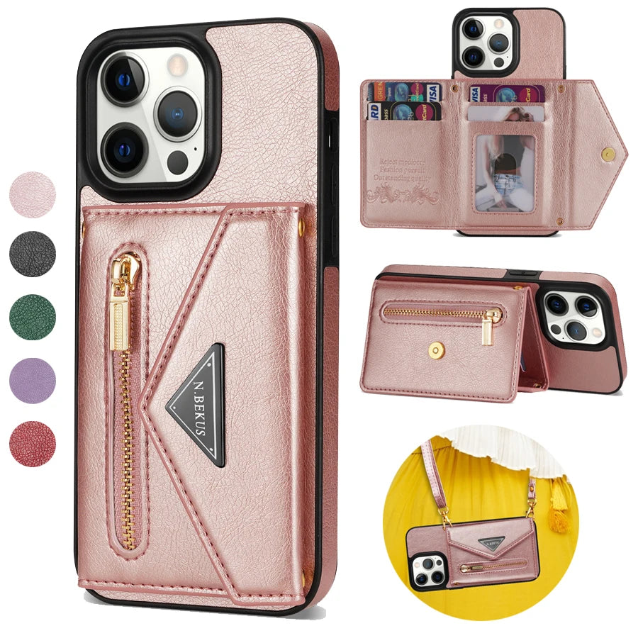 PureGuardCases Crossbody Zipper Wallet iPhone Case – Magnetic Flip Card Holder Leather Cover