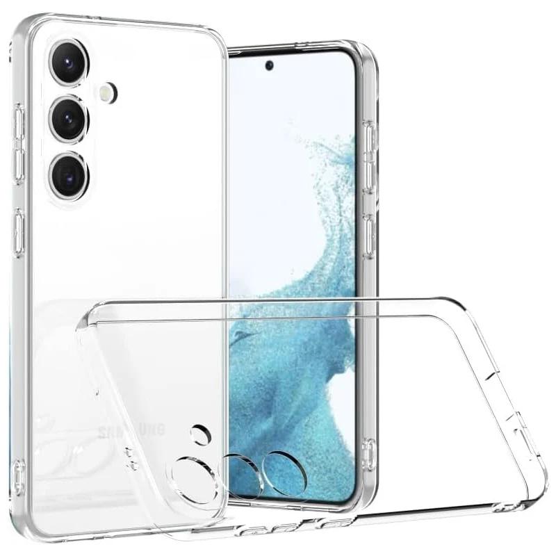 Crystal clear anti-fall soft TPU case for Samsung Galaxy S25-S20, S10 Plus, S10, S10e and S9 Plus showing back, front and flexible shell views