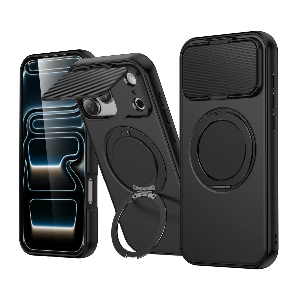 Black 360-degree rotatable MagSafe ring stand rugged case with flip camera cover for iPhone 17 to 11, back and front views