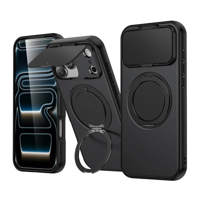 Black 360-degree rotatable MagSafe ring stand rugged case with flip camera cover for iPhone 17 to 11, back and front views