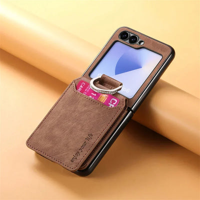 PureGuardCases Retro Leather Wallet Case with Ring Stand for Samsung Galaxy Z Flip