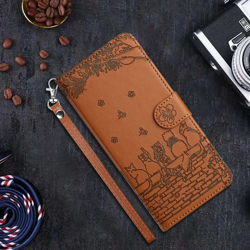 Cat Embossed Wallet Case iPhone 11-18, Brown