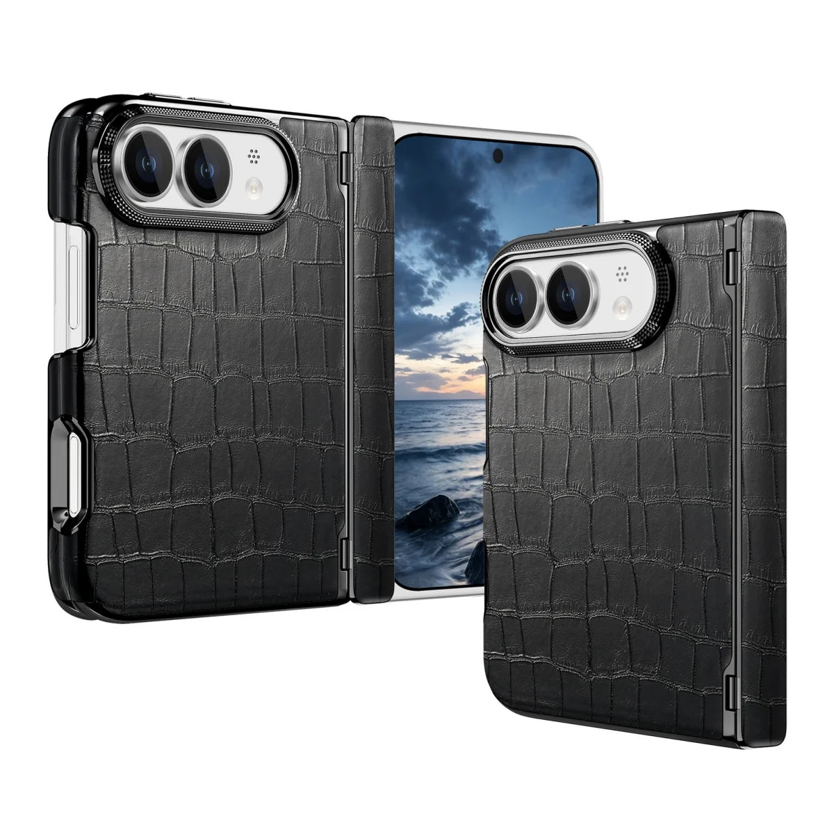 Black crocodile-embossed hinge case for iPhone Duo, front and back views