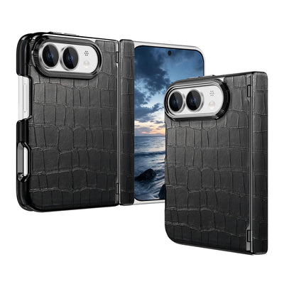 Black crocodile-embossed hinge case for iPhone Duo, front and back views