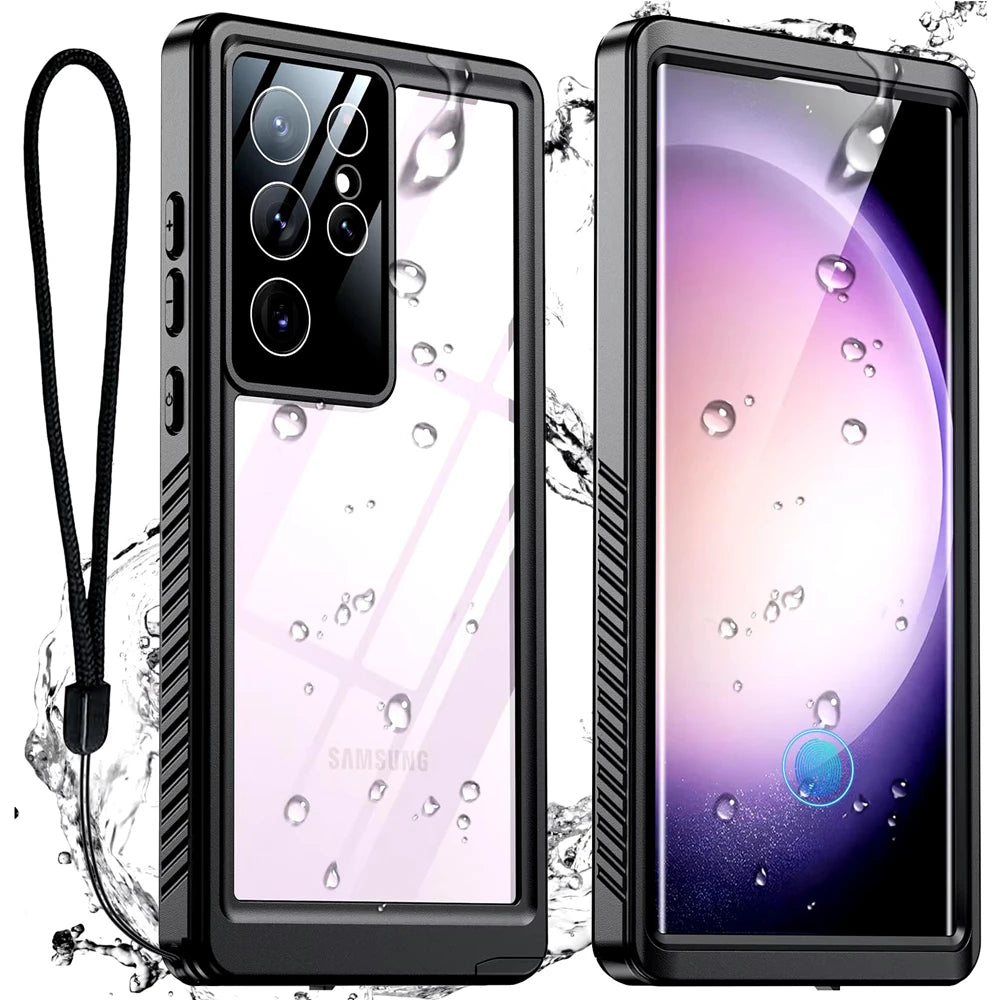 Black IP68 waterproof full-body case with built-in screen protector and lanyard for Samsung Galaxy S26 to S20, Note 20, A54 and A14