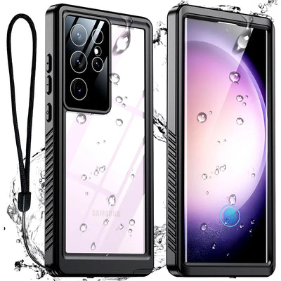 Black IP68 waterproof full-body case with built-in screen protector and lanyard for Samsung Galaxy S26 to S20, Note 20, A54 and A14