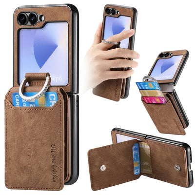 PureGuardCases Retro Leather Wallet Case with Ring Stand for Samsung Galaxy Z Flip