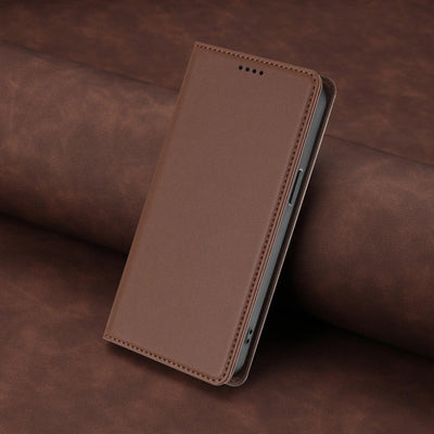 Brown stitched PU leather magnetic flip wallet case for Samsung Galaxy S26 and S25 series, angled closed view