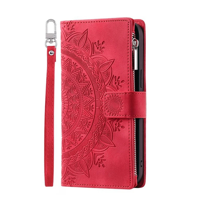 Red mandala embossed zipper leather wallet case with wrist strap for iPhone